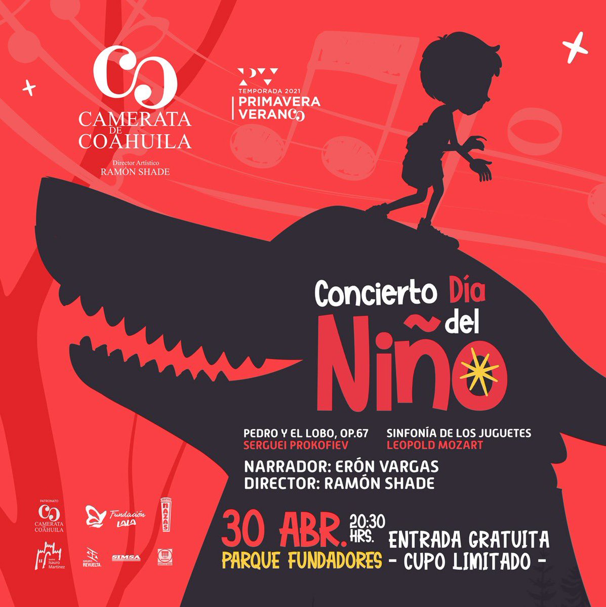 camerata_coah's tweet photo. ¡Ven y celebra el día del Niño con la #CamerataDeCoahuila y el mimo Erón Vargas!. 👦🏻🐺🌳🎻

“Pedro y el lobo, Op.67” de Serguei Prokofiev y “Sinfonía de los juguetes” Leopold Mozart. 🎶🎻

📆 30 de abril.
⏰ 20:30 Horas.
📍 Parque Fundadores.
🎟 ACCESO GRATUITO 

¡Cupo limitado! https://t.co/y2ZI0Pf5NT