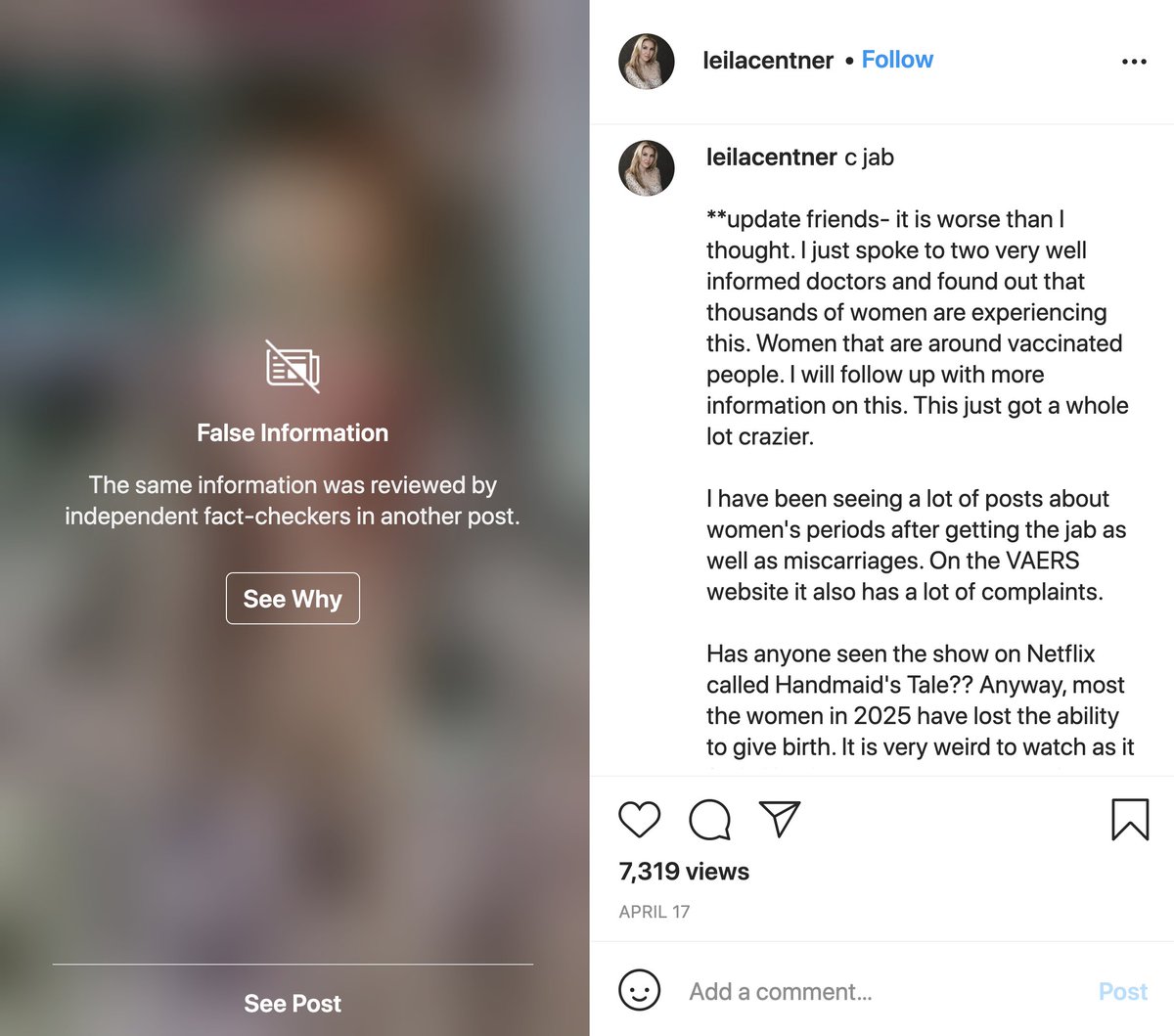 School founder and CEO Leila Centner's Instagram is packed with debunked COVID anti-mask and anti-vax conspiracy theories and right-wing propaganda, many posts flagged for misinformation  #BecauseMiami  http://instagram.com/leilacentner/ 