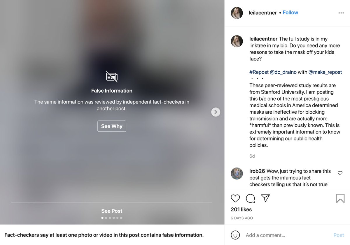 School founder and CEO Leila Centner's Instagram is packed with debunked COVID anti-mask and anti-vax conspiracy theories and right-wing propaganda, many posts flagged for misinformation  #BecauseMiami  http://instagram.com/leilacentner/ 