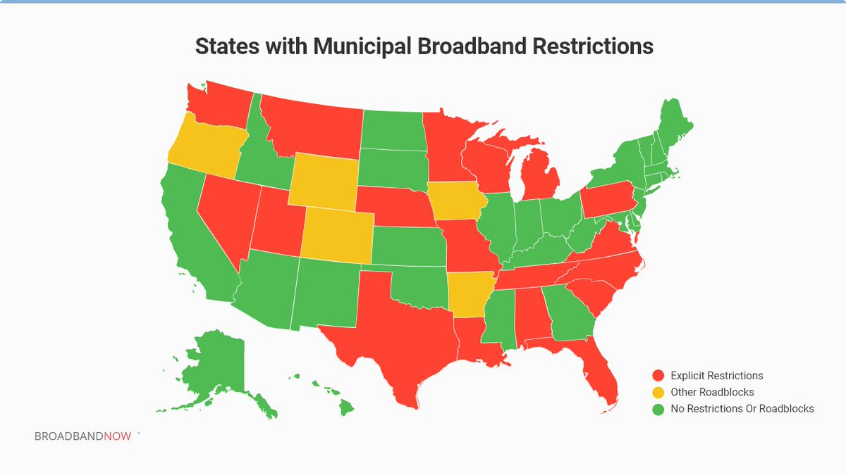 Unfortunately, 18 states currently have laws restricting the formation of municipal broadband services, and another five have enough implicit roadblocks to make implementing them essentially impossible. It'll be hard to level the playing field until they're lifted.