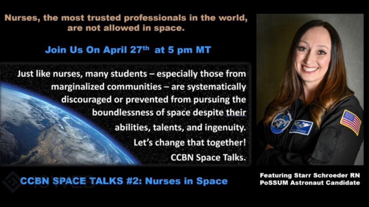 starr_schroeder's tweet photo. Join me tomorrow evening! Let’s talk about #nursesinspace #pushingboundaries and #breakingbarriers to make #spaceforall https://t.co/v0AhViFbTj https://t.co/iHac7ziLqR