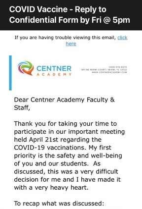 The email Leila Centner sent last week tells school staff "reports have surfaced recently of non-vaccinated people being negatively impacted by interacting with people who have been vaccinated" and "reports of menstrual cycles being impacted and a 366% increases in miscarriages"