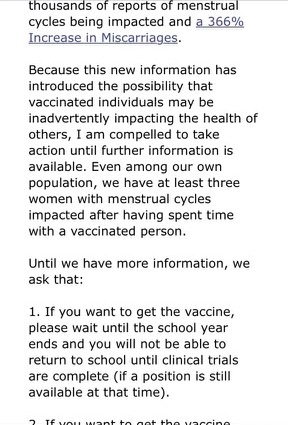 The email Leila Centner sent last week tells school staff "reports have surfaced recently of non-vaccinated people being negatively impacted by interacting with people who have been vaccinated" and "reports of menstrual cycles being impacted and a 366% increases in miscarriages"