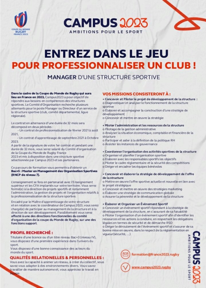 PkLecl's tweet image. Info Recutement #sport !
🗨 Club cycliste #normandie recherche un(e) etudiant(e) en contrat d'alternance pr préparer Bac+5 Master "Manager des Organisations Sportives". Formation rémunérée. 
👥 Profil : Licence/Bac+3 

Merci de RT 🔁

+ d'infos en MP

#campus2023 @AFPA_Normandie