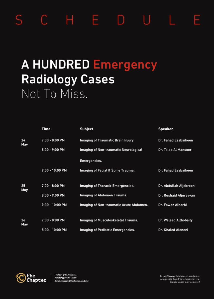 للإقبال منقطع النظير والطلب المستمر، يسرنا في منصة the Chapter أن نعلن عن دورة أشعة الطوارىء:

"A HUNDRED Emergency Radiology Cases Not to Miss"

من 24-26 مايو 2021

محتوى محدث وأكثر من 100 حالة تقدم بشكل تفاعلي.
 
ثمان ساعات معتمدة وشهادات حضور.

للتسجيل:
thechapter.academy/courses/a-hund…