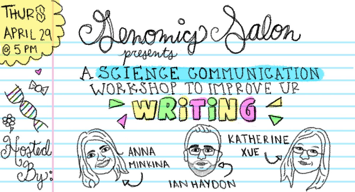 Genomics Salon at UW (@genomicssalon) on Twitter photo Join us this Thursday (29 Apr) at 5p for the first installation in a series of SciComm workshops organized by <a href="/mitch_does_sci/">Michelle Noyes</a>, each focusing on a different medium. First up: science writing with <a href="/ichaydon/">Ian Haydon</a> <a href="/ksxue/">Katherine Xue</a> & <a href="/Anna_Minkina/">Anna Minkina</a> ! Join us this Thursday (29 Apr) at 5p for the first installation in a series of SciComm workshops organized by <a href="/mitch_does_sci/">Michelle Noyes</a>, each focusing on a different medium. First up: science writing with <a href="/ichaydon/">Ian Haydon</a> <a href="/ksxue/">Katherine Xue</a> & <a href="/Anna_Minkina/">Anna Minkina</a> !