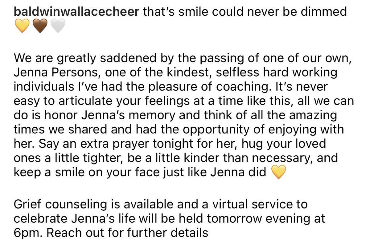 BWUCheerleading's tweet image. We as a team, and a greater BW community, are devastated by the loss of one of our own 💛
You will be missed by so many Jenna