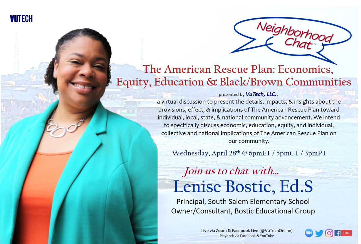 So Honored <a href="/BosticLenise/">Lenise Bostic</a> will #NeighborhoodChat with us on #Education &amp; The American Rescue Plan!!

Join via Zoom, Meeting ID: 940 7759 1425
Join via Facebook Live: <a href="/VuTechOnline/">VuTechOnline</a>