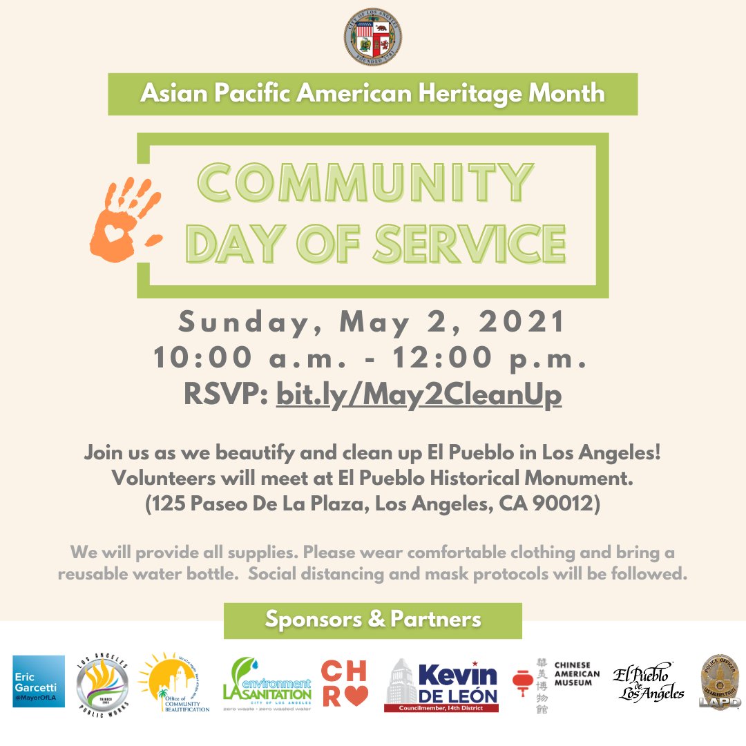 LA Civil Rights (@lacivilrights) on Twitter photo This #AsianPacificAmericanHeritageMonth, join us for a community clean up!
On Sunday, May 2nd, we'll be joining <a href="/kdeleon/">Kevin de Leόn</a>, <a href="/LACityDPW/">LA City Public Works</a>, <a href="/camLAorg/">Chinese American Museum</a>, <a href="/ElPuebloLA/">Take down by ultimate x</a> & more for a day of service at El Pueblo near DTLA and Chinatown. RSVP now at bit.ly/May2CleanUp. 🧹🧼☺️
#APAHM This #AsianPacificAmericanHeritageMonth, join us for a community clean up!
On Sunday, May 2nd, we'll be joining <a href="/kdeleon/">Kevin de Leόn</a>, <a href="/LACityDPW/">LA City Public Works</a>, <a href="/camLAorg/">Chinese American Museum</a>, <a href="/ElPuebloLA/">Take down by ultimate x</a> & more for a day of service at El Pueblo near DTLA and Chinatown. RSVP now at bit.ly/May2CleanUp. 🧹🧼☺️
#APAHM