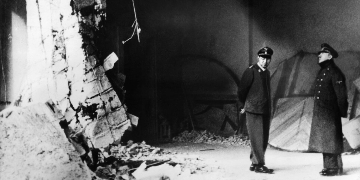 In one of his final snapshots, Hitler in Reich Chancellery under Allied bombing, this month 1945: