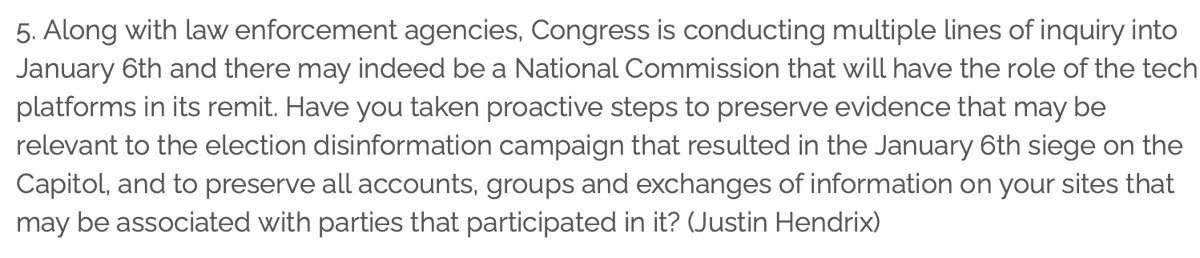 First  @justinhendrix points out the need for a National Commission to investigate the January 6th insurrection and wants to ensure that Congress asks each of these companies to preserve any and all potential evidence: 2/