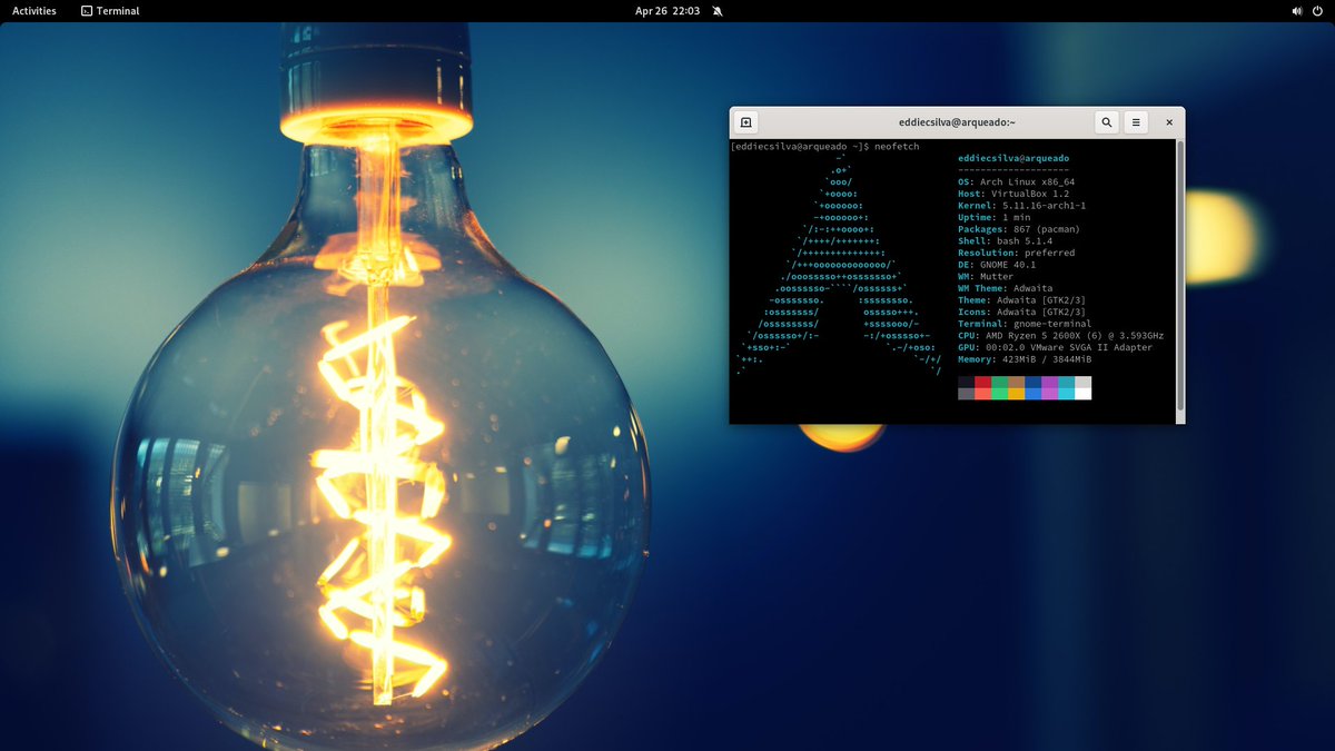 eddiecsilva's tweet photo. Primeira instalação do #ArchLinux que eu faço em alguns anos. Queria só ver o GNOME 40, mas está tudo tão rápido que a vontade de fazer um hopping já bateu aqui. #linux @blogdiolinux #PostInstall https://t.co/IwiBttczhP