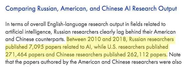 Unlike China, with a vast population and vibrant economy, Russian engineers have few innate national advantages when it comes to the large data sets/comm'l applications that underlie innovation in AI. This statistic really jumped out at me  https://cset.georgetown.edu/research/russian-ai-research-2010-2018/  @RitaKonaev 9/x