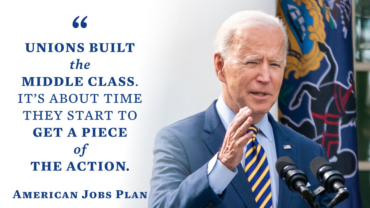 A quote graphic with a photo of Joe Biden at a podium in a blue suit and yellow and blue striped tie with the quote, “Unions built the middle class. It’s about time they start to get a piece of the action.”