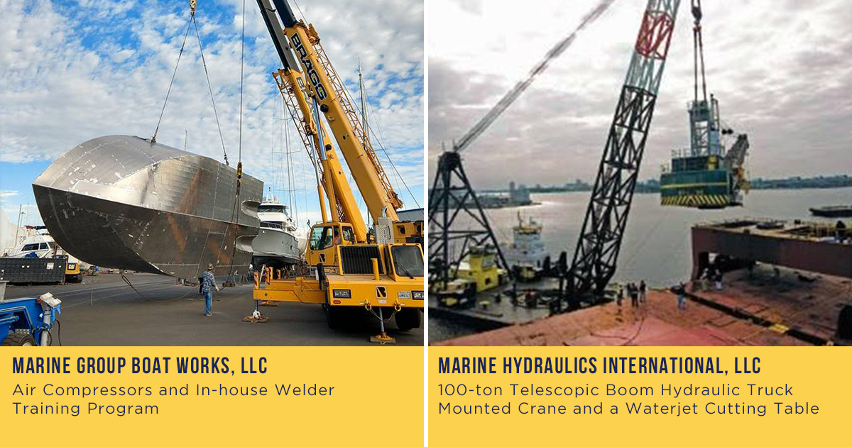 Congratulations to <a href="/MarineGroupBW/">Marine Group BW</a> (Chula Vista, CA) and
Marine Hydraulics International LLC. (Norfolk, VA) for receiving MARAD's Small Shipyard Grant!

Photo credits: Marine Group Boat Works LLC Facebook (left) and Marine Hydraulics International (right) #SmallShipyardGrants