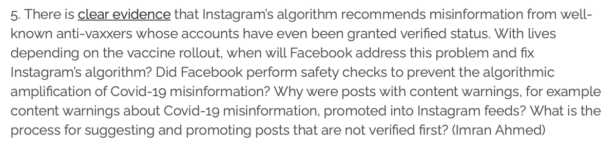 Then  @Imi_Ahmed of  @CCDHate says "There is clear evidence that Instagram’s algorithm recommends misinformation from well-known anti-vaxxers whose accounts have even been granted verified status" and asks when Facebook will fix this: 5/