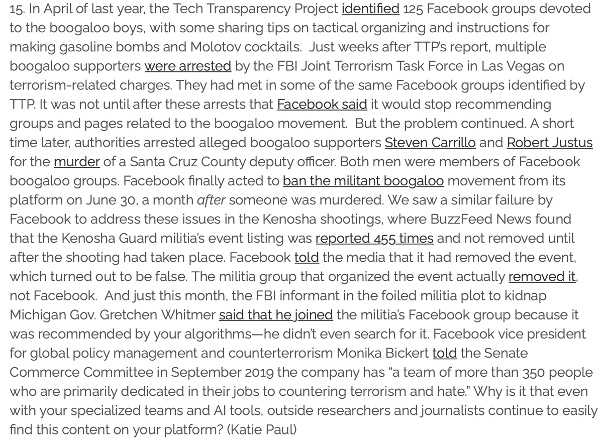 On Facebook's role in recommending groups like Boogaloo boys,  @TTP_updates's  @AnthroPaulicy shows the receipts and asks "Why is it that even with your specialized teams and AI tools, outside researchers and journalists continue to easily find this content on your platform?" 8/