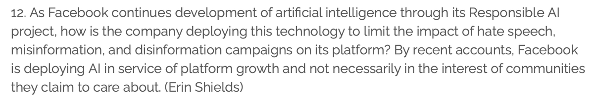 Regarding Facebook& #39;s "Responsible AI" project, Erin Shields of  @mediajustice asks if they are using AI to benefit society, instead of just their own growth: 7/