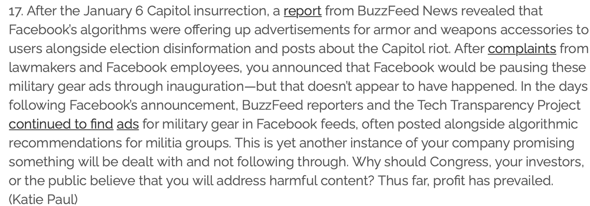 . @AnthroPaulicy continues with proof that "Facebook’s algorithms were offering up advertisements for armor and weapons accessories to users alongside election disinformation and posts about the Capitol riot" and asks why FB didn't do enough to stop it, despite public reports: 9/