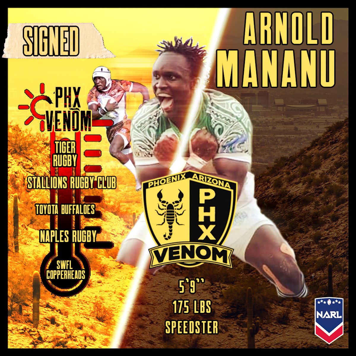 🦂Get ready for a show! 🦂This hooker, fullback, and wing has flexed his talent for SWFL Copperheads, Naples Rugby, Toyota buffaloes, Stallions Rugby club, and <a href="/tigerrugby/">Tiger Rugby</a>! Welcome @arnoldmananu to the Venom! 
#TheTimeIsNow #speedkills #Venom4life