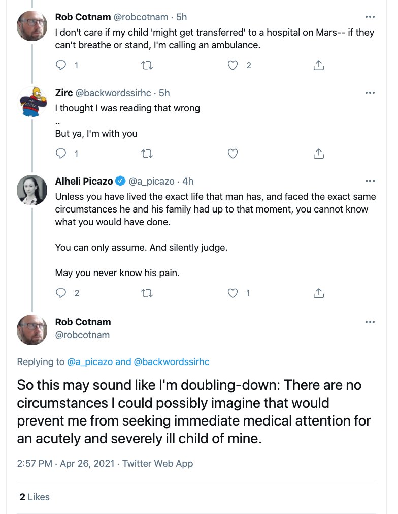 Responding with a thread b/c I think this sort of attitude is worth addressing.1. You've no idea what experience this family has had with health care in Brampton before the pandemic, let alone in the midst of it being thoroughly overwhelmed.  #cdnpoli  https://twitter.com/robcotnam/status/1386756246192197651