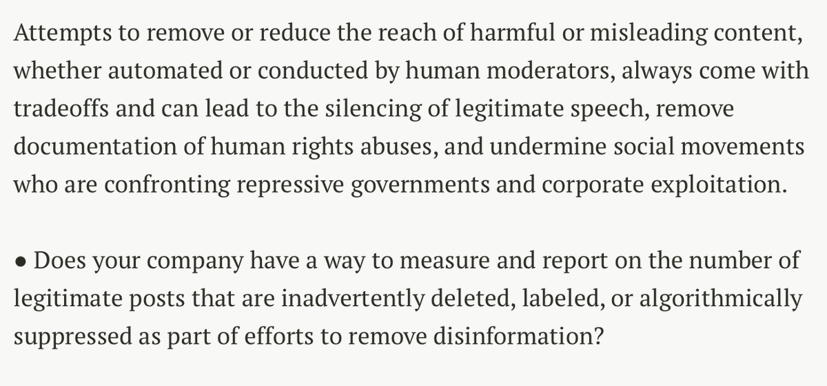 . @evan_greer writes "Attempts to remove or reduce the reach of harmful or misleading content, whether automated or conducted by human moderators, always come with tradeoffs and can lead to the silencing of legitimate speech" and asks: 11/