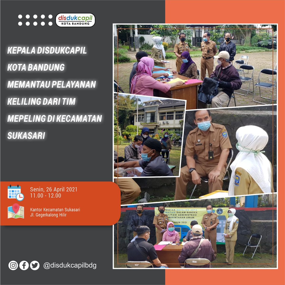 bdg_dukcapil's tweet photo. Kadisdukcapil Kota Bandung melakukan monitoring pelayanan Akta Kelahiran dari tim #mepeling yang berlokasi di halaman depan kantor Kecamatan Sukasari.
Meskipun dilakukan secara tatap muka, pelayanan adminduk ini tetap memperhatikan protokol kesehatan. https://t.co/m77AwsokrD