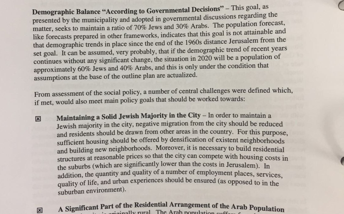 Israeli govt's plan for the Jerusalem municipality, including both the west & occupied east parts of city, sets the goal of “maintaining a solid Jewish majority in the city” & specifies the demographic ratios it hopes to maintain btw Jewish Israelis & Palestinians. 9/27