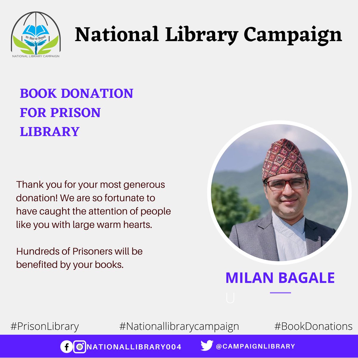 CampaignLibrary's tweet photo. Thank you Milan Bagale sir for donating books to National Library Campaign.

Hundreds of Prisoners will be benefited by these books.

#nationallibrarycampaign #prisonlibrary #BookDonations

@milantanahun https://t.co/Vjt71n2qQ4