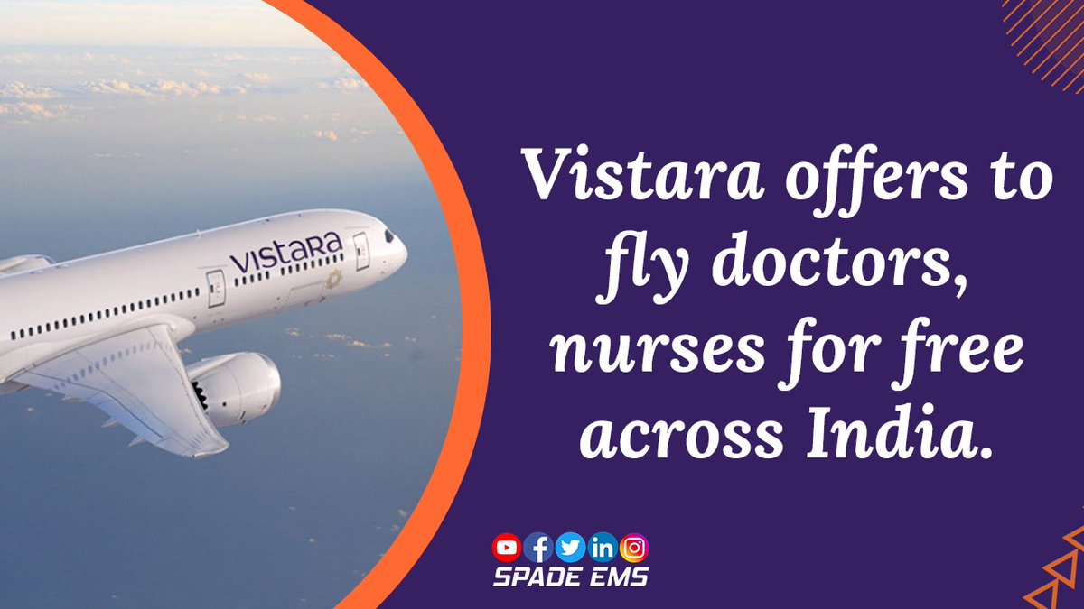 EmsSpade's tweet photo. A great initiative by Vistara Airlines!!
#spadeems #Vistara #IndiaFightsCOVID19 #Doctors #nurses #free #travel #Airlines https://t.co/ryJtnRfXTC