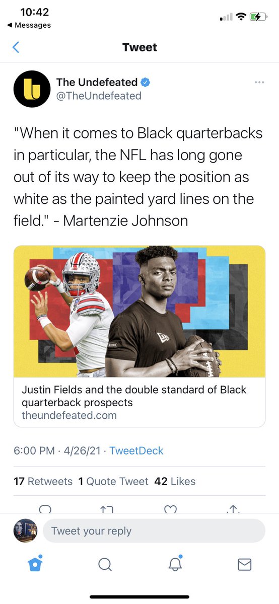 Shout out to  @espn for playing the Mac Jones is getting drafted before Justin Fields because of racism against black quarterbacks card three days before the draft even happens. Gotta keep the victimization narrative rolling no matter what.