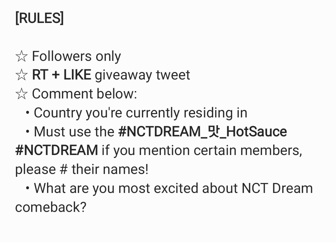 [GIVEAWAY - 🌎 WORLDWIDE]

#NCTDREAM
#NCTDREAM_맛_HotSauce

Hot Sauce albums: 3 versions

3 winners
• 1 album per winner
• 1 winner per country

💚 GOOD LUCK 💚