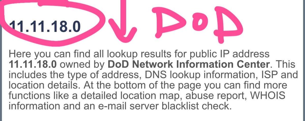 2/2 The IP addresses range from 11.11.18 - 11.11.18.225Which is hilarious because: He said think big Route DoD 11.11.18 America will be United againFuture proves past Q