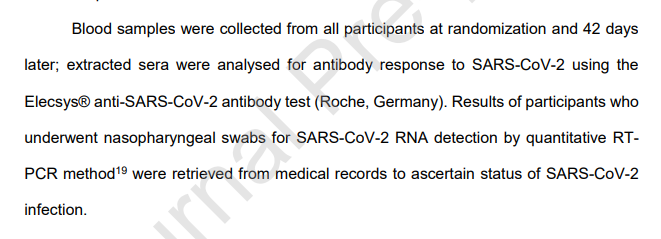 8/n There's also an issue with how COVID-19 was ascertained in the study. Patients gave a blood sample at day 1 and 42, and then medical records were searched to see if they'd had a positive PCR between those two dates