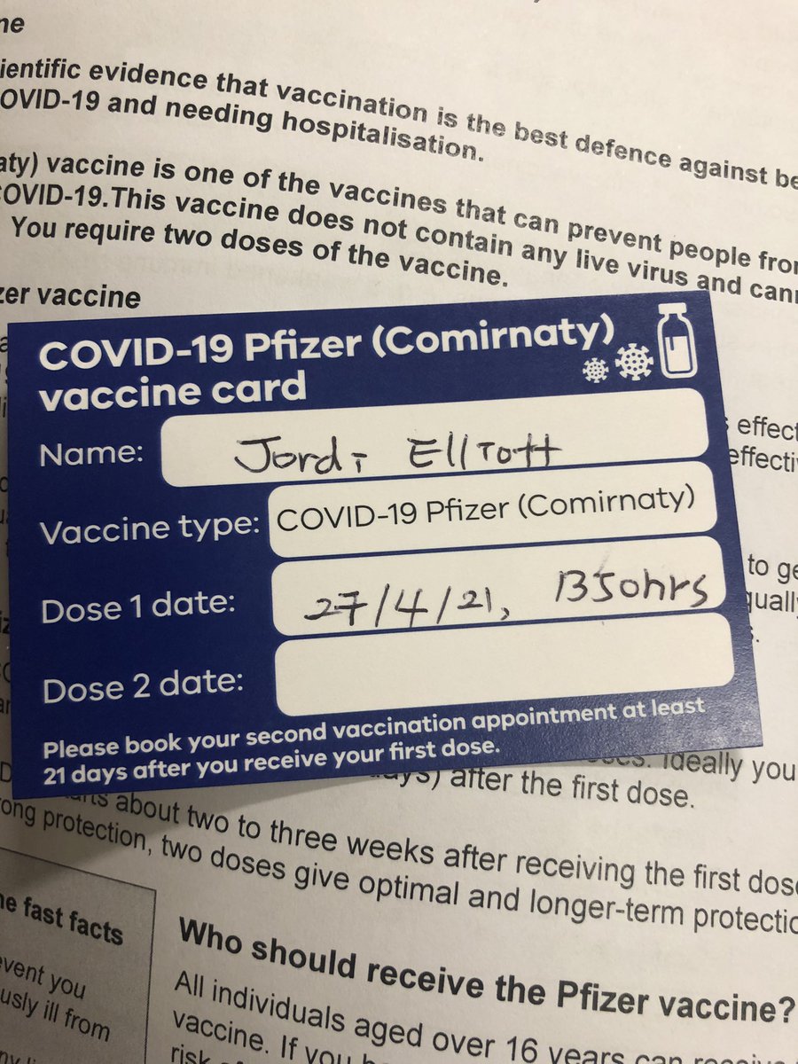 One down! 🎉 #PfizerVaccine