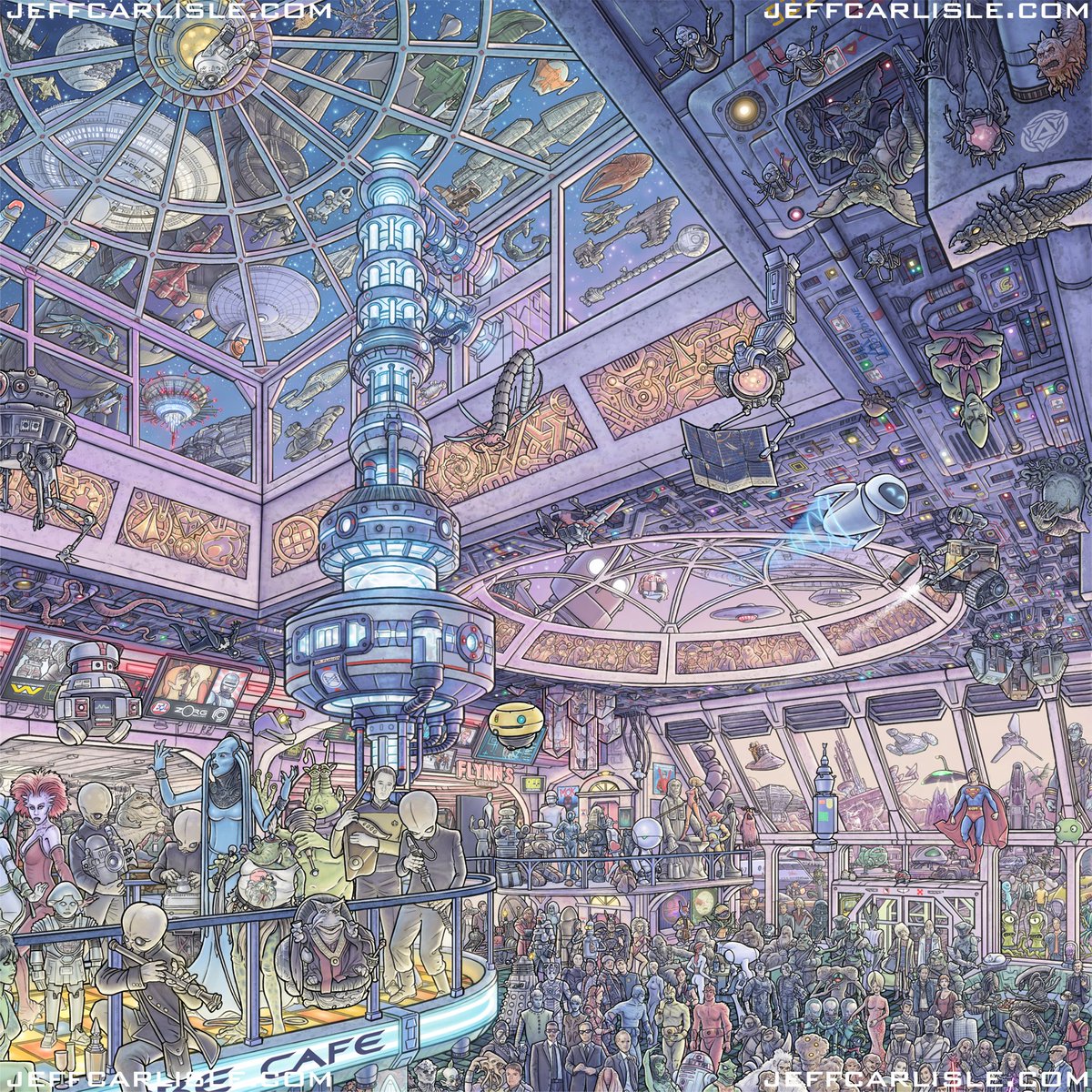 JeffCarlisleArt's tweet photo. Just in case you couldn't see some of the details, let's get a tiny bit closer... I guarantee that @NeillBlomkamp knows most of these references...
#anothernightatthewarpcorecafe
#warpcorecafe https://t.co/K9Mh4PPgLT