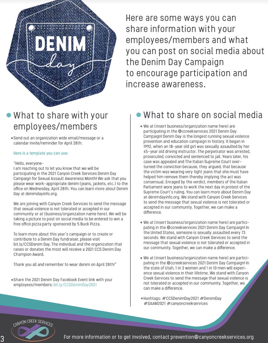 April is Sexual Assault Awareness Month and Denim Day 2021 is this Wednesday! We need your help to send the the message that sexual violence is not to be tolerated in our community. Visit bit.ly/CCSDenimDay to learn more about how you can get involved!👖💙 #denimday2021