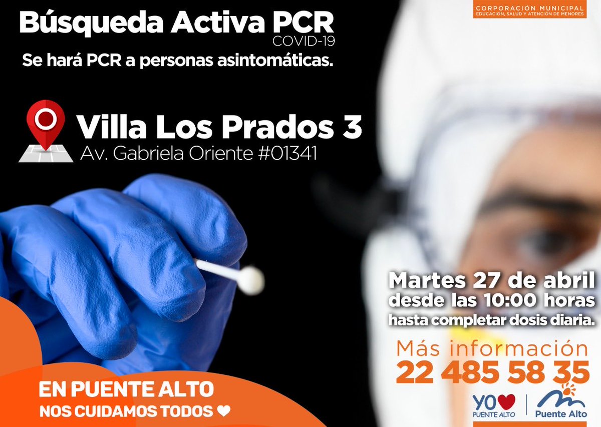 mpuentealto's tweet photo. Nuestros #OperativosPCR siguen recorriendo la comuna. Los esperamos mañana martes en las villas Los Prados 3 y Las Caletas 3. Si son asintomáticos y desean realizarse el test de manera gratuita deben asistir con su cédula de identidad y permiso temporal.
Más información👇 https://t.co/Ss2wHZPfPE