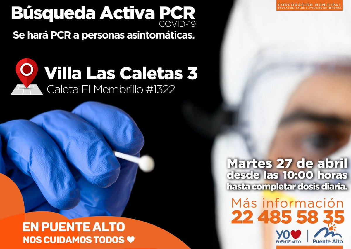 mpuentealto's tweet photo. Nuestros #OperativosPCR siguen recorriendo la comuna. Los esperamos mañana martes en las villas Los Prados 3 y Las Caletas 3. Si son asintomáticos y desean realizarse el test de manera gratuita deben asistir con su cédula de identidad y permiso temporal.
Más información👇 https://t.co/Ss2wHZPfPE