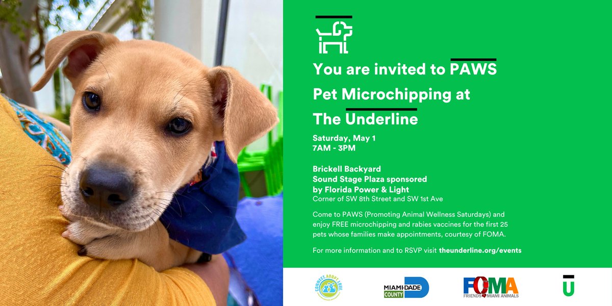 theunderlinemia's tweet photo. Join us for πΎ PAWS Microchipping at The Underline THIS SATURDAY, May 1 from 7AM-4PM at the π #BrickellBackyard Sound Stage Plaza sponsored by @insideFPL. π RSVP NOW by calling 311 or visiting: πhttps://t.co/c5NEiOEeQk β
β¨ #UnderlinePets #TheUnderline #Miami https://t.co/olw7Yl9o6E