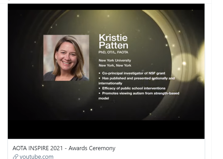 PGentileOT's tweet photo. Congratulations Kristie on your Slagel Award!
@Kpk3P #aotainspire21 #AOTA #OTleaders #nyu_OT #nyuot #occupationaltherapy ππππ https://t.co/JVj8fO6vOD