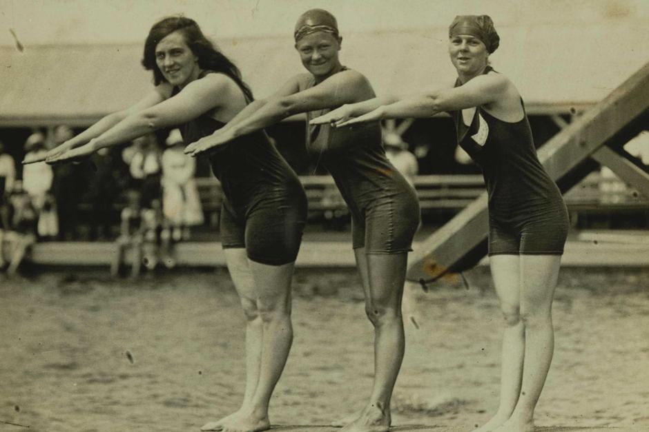 A year later Nova said 'Let's write a book about swimmers'. She'd been reading about Fanny Durack, first Australian female Olympic gold medallist. I realised that Fanny and I had the exact same arms so I said: I'm in. (l-r Fanny Durack, Mina Wylie, Jennie Fletcher, 1912) 3/