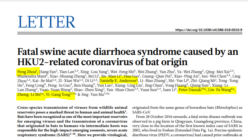5. Yigang Tong and Ecohealth Alliance  https://www.ecohealthalliance.org/wp-content/uploads/2018/04/Nature-SADS-CoV.pdf