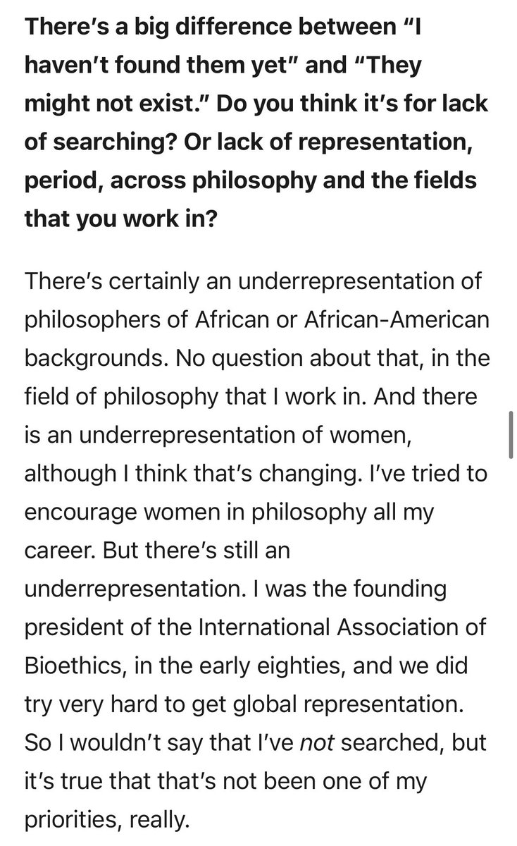 1) These moments, where Singer says that African philosophers and bioethicists are not “at a level of discussion that [he’s] interested in.” When pressed on it, he admits that challenging this assumption “[has] not been one of [his] priorities.” 2/5