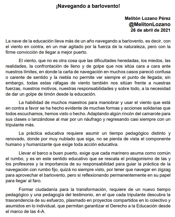 MelitonLozano's tweet photo. Como navegantes cuyo puerto es hacer patente el Derecho a la Educación, para el ciclo escolar 2021-2022, comparto a ustedes, querida comunidad educativa: los “Lineamientos para el ciclo escolar 2021-2022 Educación Básica y Media Superior”.
Disponibles en https://t.co/EKmRBkunSJ https://t.co/nA56hK3mN2