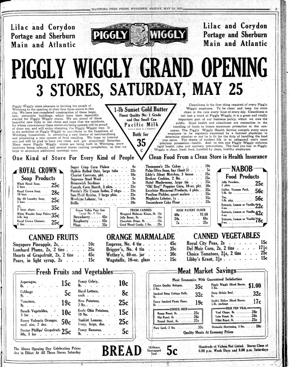 Piggly Wiggly came to Canada aggressively in 1929. Same year as Safeway. They built 179 stores in the first six years and then in 1935 sold everything to Safeway. At their peak in the US they had 2,660 stores. Today they have 500 stores in 17 states. They never returned to Canada