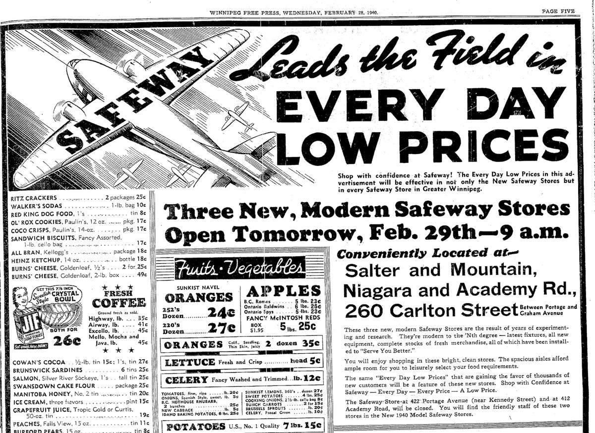 In 1940, Safeway opened a larger store on Academy Road, moving across the street and opening where the 7/11 is today. A Safeway remained at that location until the 1970’s.