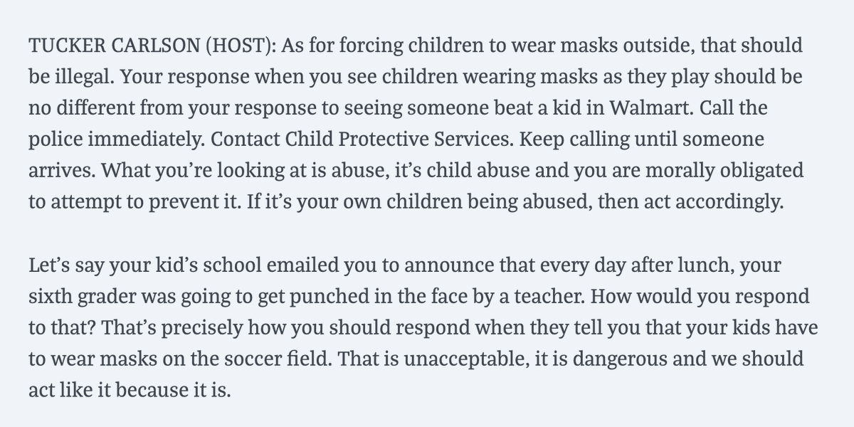 mmfa's tweet photo. Tucker Carlson tells viewers to call Child Protective Services if they see a child wearing a mask outside https://t.co/ppx97qBqic https://t.co/ECp6FD5rnK
