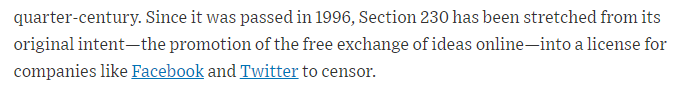 3/ So it is perhaps unsurprising that he also doesn't know (or is just flat-out lying) that the purpose of Section 230 was actually to enable web providers to establish content moderation guidelines, and not to enable anyone to say anything they want on any website they choose.