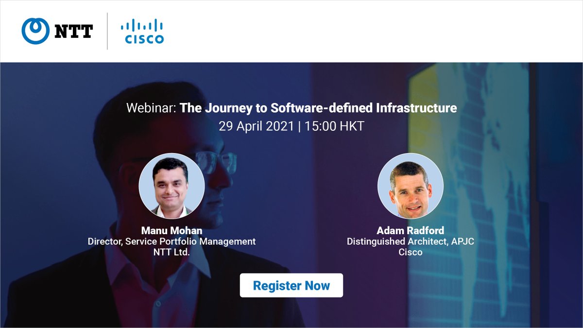 nttdata_inc's tweet photo. Join the subject matter experts from NTT and #Cisco this Thursday and gain insights on how to streamline your software lifecycle management and optimize IT operation with #SDI. Register for our webinar: https://t.co/f3D5YWz2w8 #NTTHongKong #SoftwareDefinedInfrastructure https://t.co/QGcjloIZQl